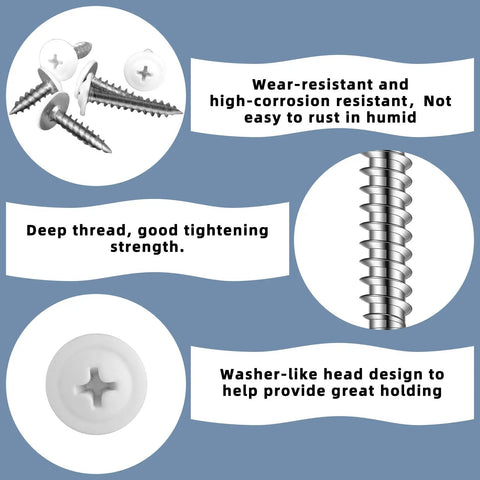 Collage image showing features of 120 Piece Size Eight White Wood Screws Set for Self Tapping and Wall Plates with Truss Screws.