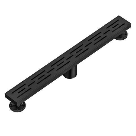 24 Inch Matte Black Linear Shower Drain With Bold Brick Pattern Grate And Quick Release V Channel for smooth draining view.