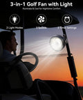 Magnetic Golf Cart Fan With 10000mAh Battery, Rechargeable, 3 Speeds, Up To 30 Hours Run Time, LED Lantern, 360 Degree Rotatable Head, Fits EZGO Club Car Golf Carts, Portable All Day Cooling For Your Rounds in use at sunset.