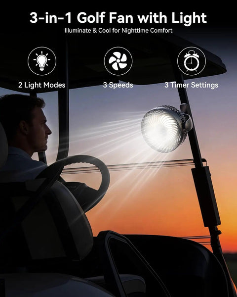 Magnetic Golf Cart Fan With 10000mAh Battery, Rechargeable, 3 Speeds, Up To 30 Hours Run Time, LED Lantern, 360 Degree Rotatable Head, Fits EZGO Club Car Golf Carts, Portable All Day Cooling For Your Rounds in use at sunset.