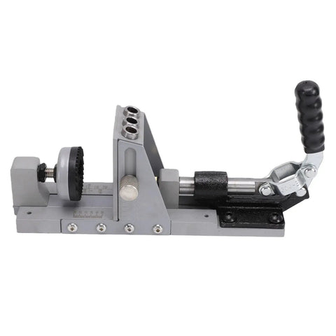 Straight Shooter 15 Degree Pocket Hole Jig Kit Featuring Single Side Access For Hassle Free Cabinet Building And Dead On Alignment Crafted From Heavy Duty Aluminum Construction, showing the jig from the side.