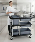 Front view of a 3 Tier Heavy Duty Utility Cart On Wheels With Removable Bins Mobile Storage Cart in a restaurant setting.