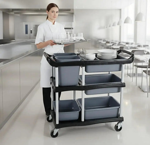 Front view of a 3 Tier Heavy Duty Utility Cart On Wheels With Removable Bins Mobile Storage Cart in a restaurant setting.