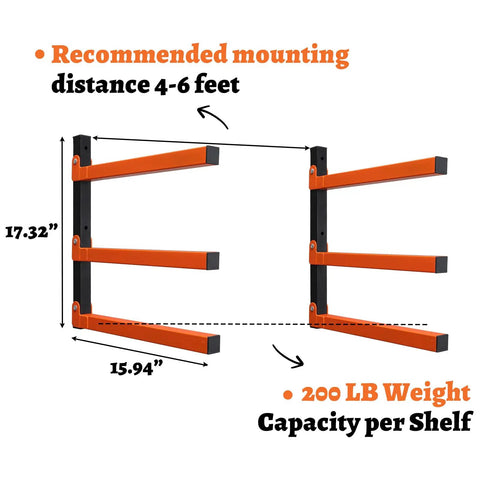Diagram of 2 Pack Lumber Rack Wood Organizer and Wall Mount Shelf System with 3 Levels, showing dimensions and weight capacity.