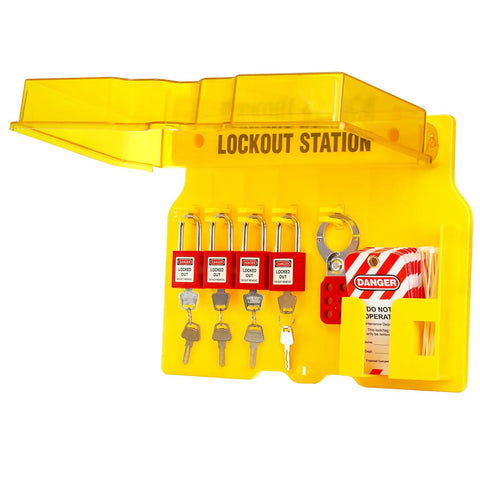 Lockout Tagout Station Kit With Padlocks, Hasp, Tags, And Nylon Ties For Safe Lockout Safety Setup OSHA Compliant And Ready For Industrial Use In Tough Worksite Environments displayed on a wall.