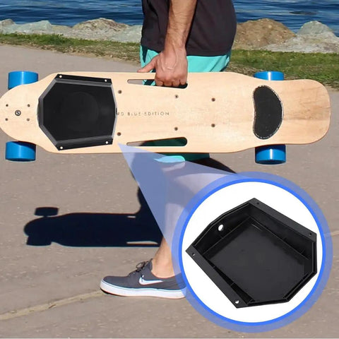 Legit Heavy Duty Electric Longboard Battery Enclosure Built Rock Solid For Daily Shredding Sessions With Separate Controller Housing and Quick Twist Lock Installation Kit, 8x8 inch black battery box mounted on longboard.