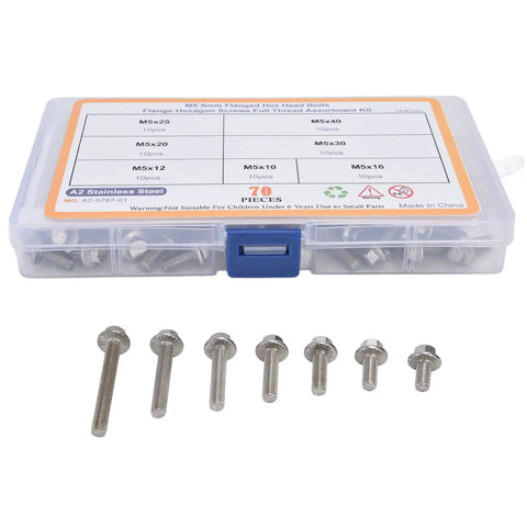 70 Piece M5 Stainless Steel Bolts Kit With 7 Lengths 10 12 16 20 25 30 40 Millimeters Hex Socket Head Cap Flange Fasteners For Home Appliance Repair And Workshop Projects. 70-piece M5 stainless steel bolt kit in storage case