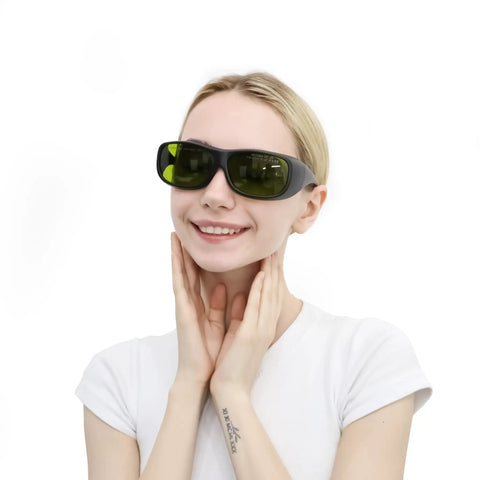 Person wearing 800-1100 Nanometer Laser Safety Goggles With OD 5 Plus Protection Across 800-1100 Nanometer And OD 7 Plus For 1000-1090 Nanometer