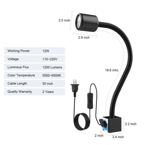 Magnetic Base LED Work Light With Flexible Gooseneck For Lathe And Drill Presses 1200 Lumens 12W 120V IP65 Waterproof Aluminum Shade