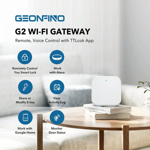 Smart WiFi Gateway For Keyless Entry Locks TTLock App Compatible Hub With USB Cable Bluetooth Door Lock Bridge Remote Lock Control Alexa Voice Control WiFi Bridge For Easy No Fuss Home Automation on table