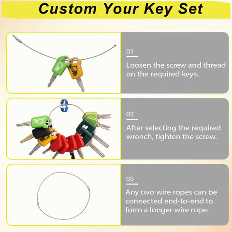 Image of 19Piece Heavy Equipment Keys Master Set for Excavators Dozers Skid Steers with custom key threading instructions.
