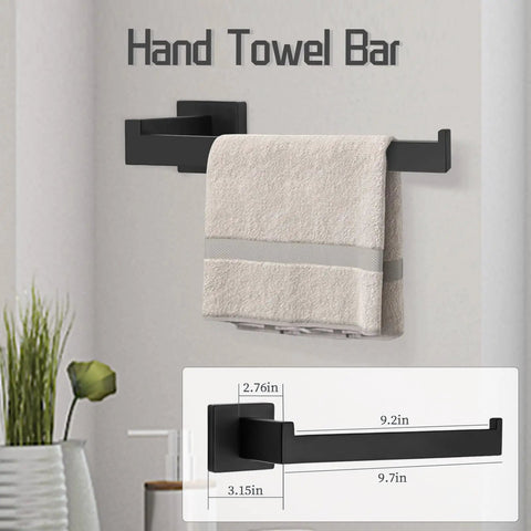 Hand towel bar from 7 Piece Matte Black Bathroom Hardware Set with wall mounted display, premium SUS304 stainless steel, durable build.