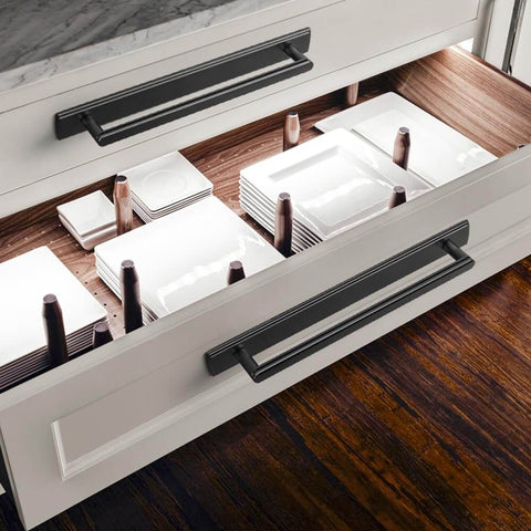 Modern Matte Black Cabinet Pull Handle With Backplate Featuring Grooved Texture And Non Slip Grip For Farmhouse And Industrial Kitchen Cabinets Goo Ki Two Pack Seven And Nine Sixteenths Inch installed on kitchen drawers