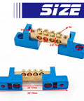 Brass Terminal Bus Bar 4 Position Blue Set Of 5 With Polycarbonate Shell High Strength And Wear Resistant For Distribution Box Use M4 Screw Size Compact 71 By 15 By 21 Mm, front view