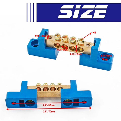 Brass Terminal Bus Bar 4 Position Blue Set Of 5 With Polycarbonate Shell High Strength And Wear Resistant For Distribution Box Use M4 Screw Size Compact 71 By 15 By 21 Mm, front view