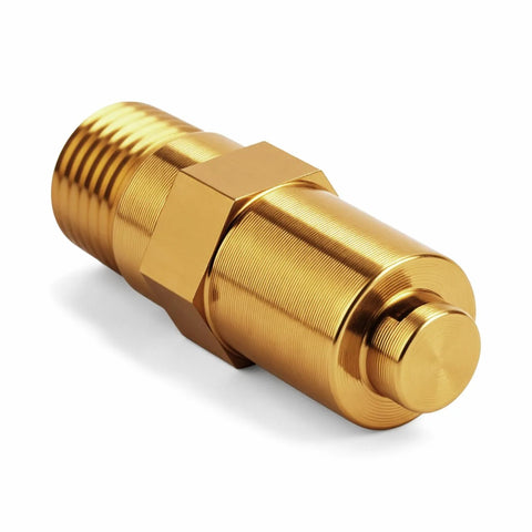 Brass thermal relief valve with male threaded ends and central hex nut