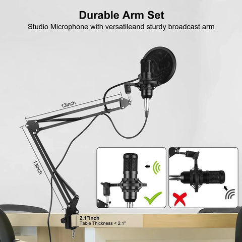 All-In-One Podcast Studio Bundle With BM-800 Microphone on adjustable arm; durable metal construction for precise positioning.