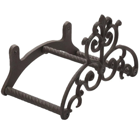 Brown Heavy Duty Cast Iron Outdoor Garden Hose Hanger With Wall Mount Water Hose Holder Reel Vintage Scrollwork Design