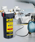 3/8 NPT Desiccant Air Dryer with Regulator and Gauge inline in a garage with compressor and car