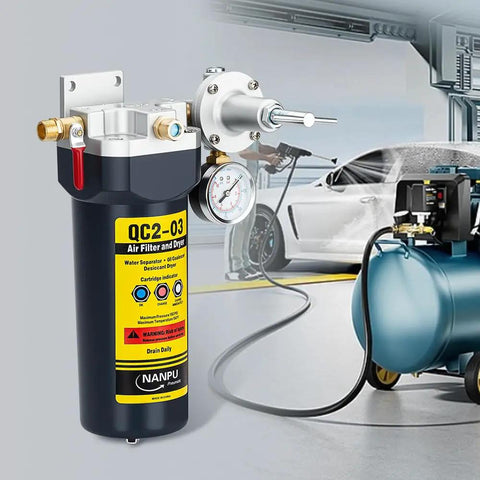 3/8 NPT Desiccant Air Dryer with Regulator and Gauge inline in a garage with compressor and car