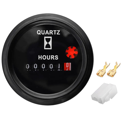 Keep Track Of Engine Hours With This Rugged Quartz Hour Meter For 6V To 80V Systems, 12V Industrial Gauge With Metal Mount Bracket, Anti Vibration, Waterproof Design For Indoor And Vehicle Use, black round display with connector pins