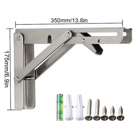 Built Tough Stainless Steel Foldable Wall Shelf Brackets, Rock Solid 90 Degree Triangular Support, includes mounting hardware.