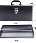 Portable 16 Inch Metal Toolbox With Heavy Duty 18 Gauge Steel Construction Black Large Tool Box Drawer Organizer Tackle Box Style With Metal Latch And Handle Corrosion Resistant Powder Coat For Home Garage Workshop, showing dimensions and open view