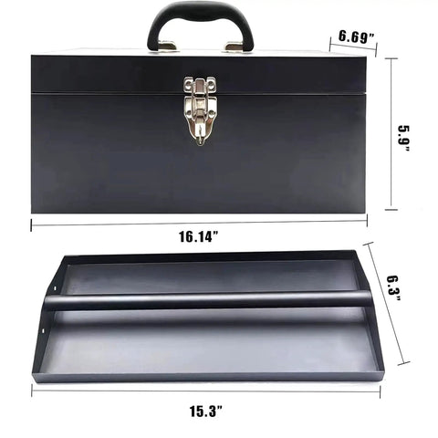 Portable 16 Inch Metal Toolbox With Heavy Duty 18 Gauge Steel Construction Black Large Tool Box Drawer Organizer Tackle Box Style With Metal Latch And Handle Corrosion Resistant Powder Coat For Home Garage Workshop, showing dimensions and open view
