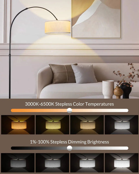 Arc Floor Lamp With Remote Control For Living Room and Bedroom, Stepless Dimmable 9W LED Bulb, Adjustable Gooseneck Tall Standing Lamp