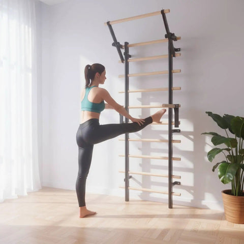 Person stretching with a Home Gym Pull Up Ladder Stall Bar with Stable Wall Mount Frame and Wood Rungs for climbing and mobility training.