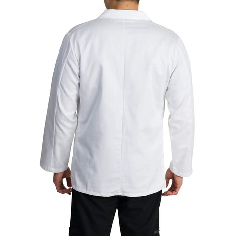 Back view of Unisex Multi Pocket Lab Coat For Students And Pros, White, Medium, Button Front Medical Jacket, Eversoft 7oz Twill