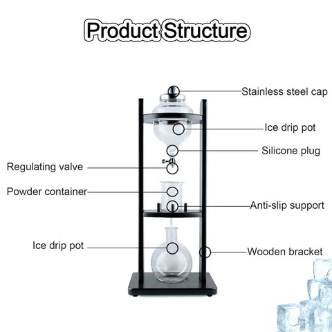 Product structure of Straight Up Smooth High Borosilicate Glass Cold Brew Tower With Adjustable Drip Valve for pro slow drip.