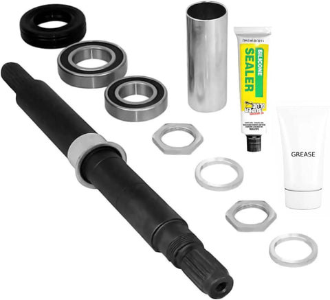 Heavy Hitter Washer Tub Shaft Rebuild Kit With Slick Bearings Precision Seals And Silicone Sealant For Dead Simple Installation showing parts including a steel shaft, bearings, and sealant.