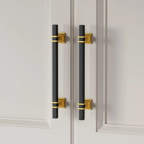 10 Pack Black And Gold Cabinet Pulls 5 1/16 Inch Overall Length With 3 Inch Center Hole Stainless Steel Grips And Zinc Alloy Base installed