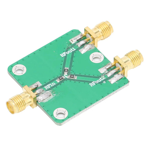 Real Deal Two Way RF Power Splitter Module And Signal Dividing PCB Board Offering Six Decibel Attenuation With Straight Up Reliable DC To Five Gigahertz Operation Period, showing SMA ports and PCB layout.