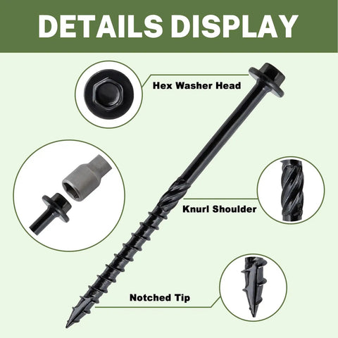 Heavy Duty Timber Screws 60 Pack 12 Inch Structural Lag Bolts showing hex washer head, knurled shoulder, and notched tip features.
