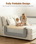 75 Inch Foldable Toddler Bed Rail With Reinforced Carbon Steel Frame Breathable Washable Fabric Guard shown folded down on bed
