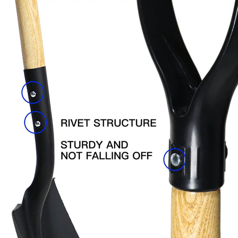 Close-up of 41 Inch Round Point Shovel for Digging and Heavy Duty Garden Work with D Handle and Wooden Grip, rivet details.