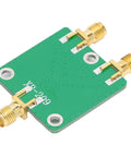 Real Deal Two Way RF Power Splitter Module And Signal Dividing PCB Board Offering Six Decibel Attenuation With Straight Up Reliable DC To Five Gigahertz Operation Period, green double-sided board with SMA ports.