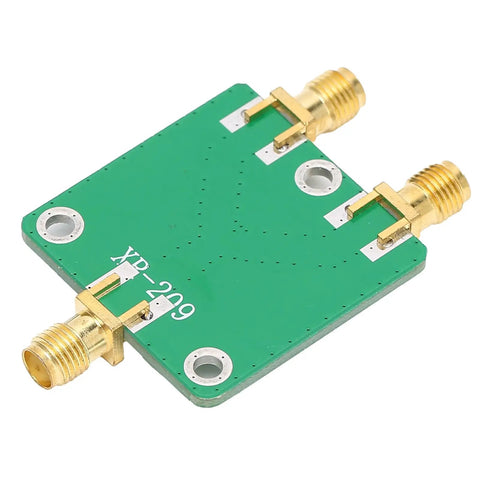 Real Deal Two Way RF Power Splitter Module And Signal Dividing PCB Board Offering Six Decibel Attenuation With Straight Up Reliable DC To Five Gigahertz Operation Period, green double-sided board with SMA ports.