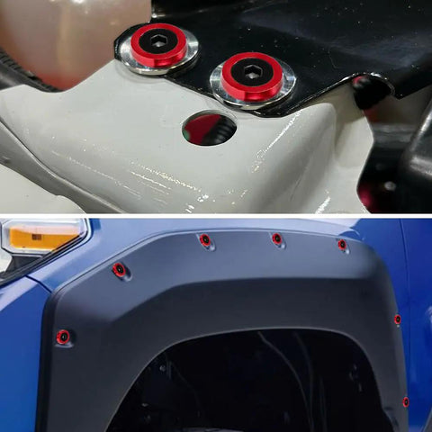 Close-up of 18mm Red Flat Black Bolt Washer Kit used on widebody fender flares and engine bay, showcasing stealth aluminum hardware.