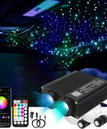 Dual Color 32W Fiber Optic Starlight Kit With 600 Fibers 0.03 Inch Diameter Each 9.8 Feet Long For Home And Car Roof Lit Headliner Decor Sound Activated App Bluetooth Remote Control RGBW Lights displayed on a car roof with accessories