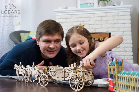 Royal Wedding Carriage Mechanical Wooden Model Kit With Four Horses, Vintage Carriage Replica For Builders, Realistic Leather Seat Interior, Royal Coat Of Arms Details, Gears And Moving Parts For A Satisfying DIY Project, assembled with child