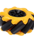 Front view of Garosa Mecanum robot wheel, yellow flower-shaped outer shell with black rollers, 60mm diameter