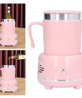 Electric Coffee Mug Warmer And Ice Cold Chiller With Dual Mode Temp Control Aluminum Desktop Heated Coaster USB Powered Drink Stand Keep Your Sip Fresh For The Daily Grind Pink close-up view of warm coffee mug standing on a pink electric coaster.