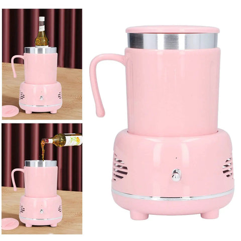 Electric Coffee Mug Warmer And Ice Cold Chiller With Dual Mode Temp Control Aluminum Desktop Heated Coaster USB Powered Drink Stand Keep Your Sip Fresh For The Daily Grind Pink close-up view of warm coffee mug standing on a pink electric coaster.