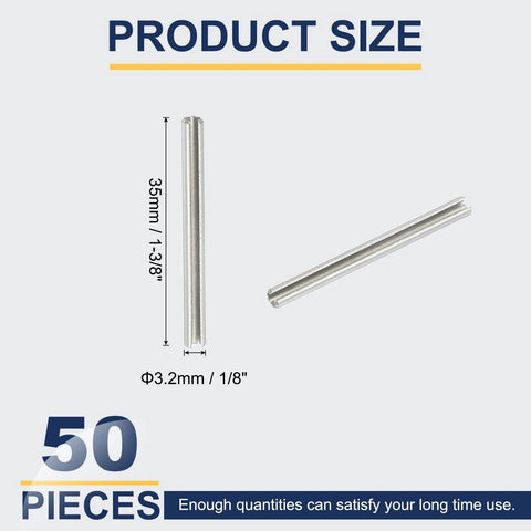 Slotted Spring Pin Set 50 Pack, 3.2mm By 35mm, 304 Stainless Steel Dowel Pins, dimensions displayed, quantity noted