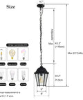 Diagram showing the dimensions and bulb options for Outdoor Pendant Lights For Porch Black Hanging Lanterns With Adjustable Chain Create A Lit Weatherproof Aluminum Fixture Clear Glass Shade Rust Resistant Exterior Ceiling Light For Front Door Entryway.