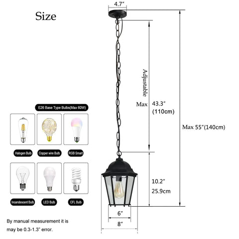 Diagram showing the dimensions and bulb options for Outdoor Pendant Lights For Porch Black Hanging Lanterns With Adjustable Chain Create A Lit Weatherproof Aluminum Fixture Clear Glass Shade Rust Resistant Exterior Ceiling Light For Front Door Entryway.