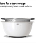 Non Slip Grip 5 Qt Stainless Steel Colander with Comfortable Handles nests in mixing bowl for easy storage